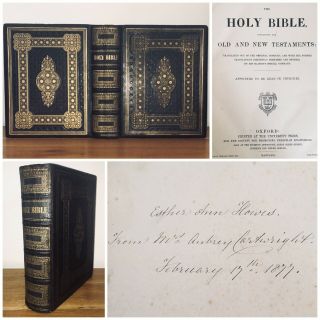 1871 Antique Old Family Holy Bible Oxford University Large Fine Leather Binding