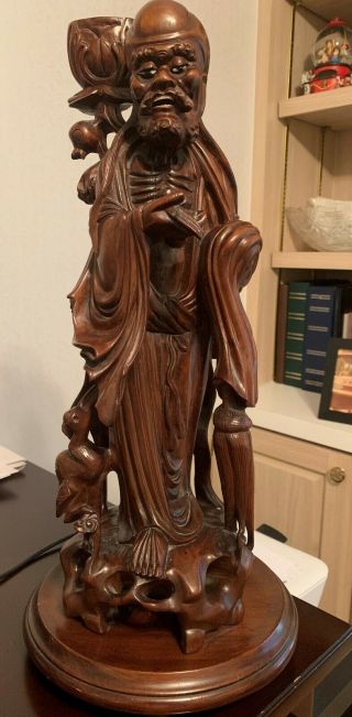 21 " Antique Wooden Hand Carved Asian Male Statue " W/ Birds " Figure & Stand