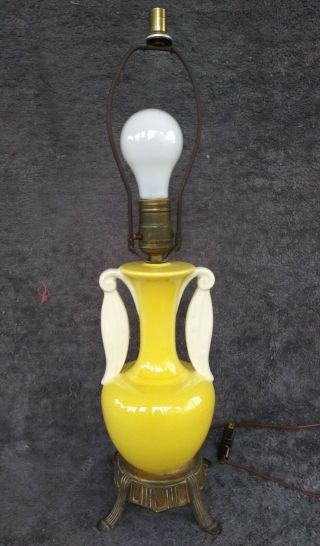 Early Vintage/antique 19 " Table Lamp Ceramic Pottery Custard Yellow/white Greek