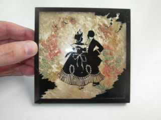 Vintage 50s Reverse Painted Silhouette Colonial Couple W Dried Pressed Flowers 3