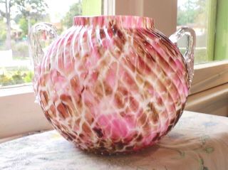Antique Bohemian Franz Welz Glass Pink Tortoise & White Cased Spatter Glass Vase