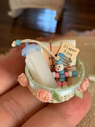 1980s Miniature Dollhouse Artisan Tiny Baby Gift Basket Diorama Diaper Pins More