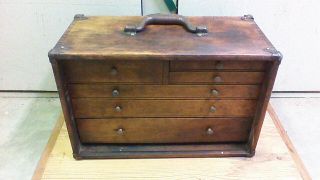 Antique Tool Machinest Jewelry Trinket Dresser 6 Drawer Wood Box Chest