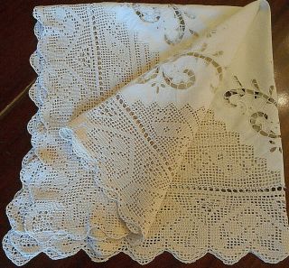 Antique 1910,  Greek Table Cloth Handmade Embroidery& Cut Work & Lace Crochet