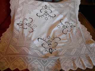 ANTIQUE 1910,  GREEK TABLE CLOTH HANDMADE EMBROIDERY& CUT WORK & LACE CROCHET 2