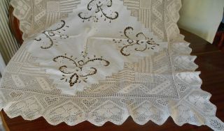 ANTIQUE 1910,  GREEK TABLE CLOTH HANDMADE EMBROIDERY& CUT WORK & LACE CROCHET 6