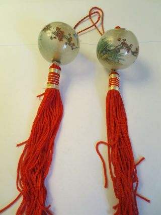 2 - Vintage Chinese Glass Hand Painted Scroll Weights With Tassels