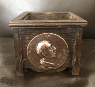 Antique Arts And Crafts Oak Container With Four Copper Plaques