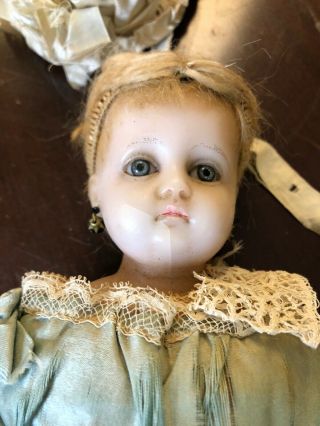 14 Inch Antique German Poured Wax Doll Blue Glass Eyes Costume Gorgeius 12
