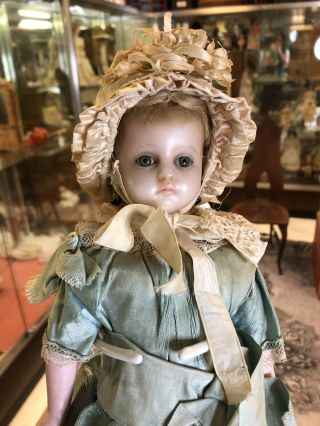 14 Inch Antique German Poured Wax Doll Blue Glass Eyes Costume Gorgeius 2