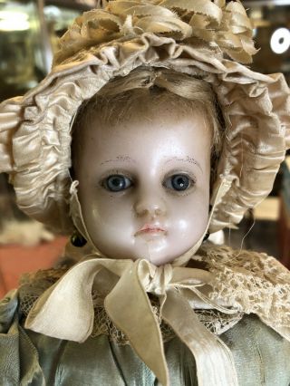 14 Inch Antique German Poured Wax Doll Blue Glass Eyes Costume Gorgeius 3