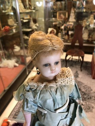 14 Inch Antique German Poured Wax Doll Blue Glass Eyes Costume Gorgeius 7