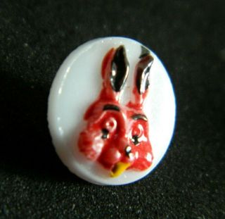 Vintage Milk Glass Kiddie/childrens Button W Rabbit Head Painted Raised Relief