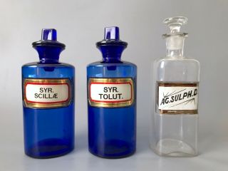 3 Antique Apothecary Bottles Cobalt Blue / Syr.  Scillae / Syr.  Tolut / Ag Sulph