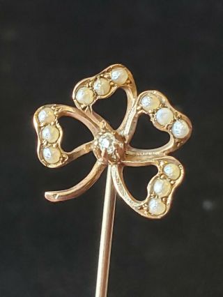 Antique Victorian 10k Solid Gold 4 Leaf Clover Seed Pearl & Diamond Stick Pin