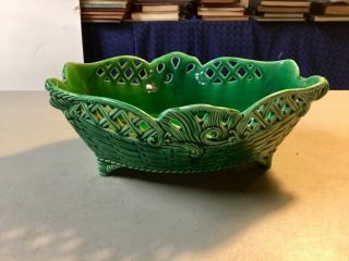 Antique Pierced Green Majolica Basketweave Footed Bowl - Stunning