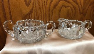 Vintage Crystal Etched Flower Sugar And Creamer Saw Tooth,  Cut Glass