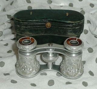 Antique Binoculars Opera Glasses The Elite Paris Ornate Silver W/original Case