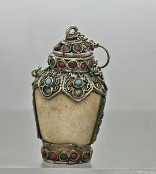 Antique Chinese Bone Carved Snuff Bottle Set W/silver Alloy Turquoise & Beads