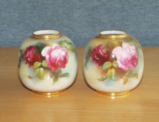 Two Antique Royal Worcester Ivory Vases No.  2491 - Hand Painted Roses Dated 1914