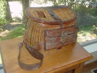 Old Fishing Creel Basket With Strap And Bait Cooler Cup