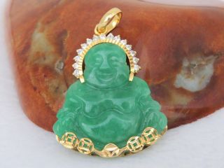 18k Solid Gold Green Jadeite Jade & White Topaz Carved Laughing Buddha Pendant