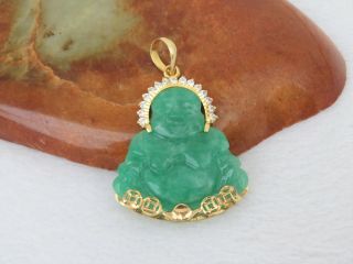 18K Solid Gold Green Jadeite Jade & White Topaz Carved Laughing Buddha Pendant 3