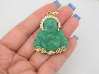 18K Solid Gold Green Jadeite Jade & White Topaz Carved Laughing Buddha Pendant 4