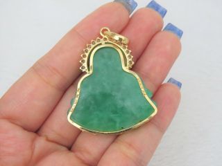 18K Solid Gold Green Jadeite Jade & White Topaz Carved Laughing Buddha Pendant 5