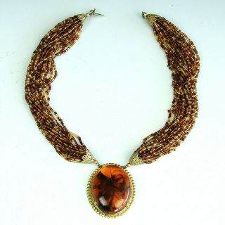 Signed Antique Vintage Miriam Haskell Amber Glass Multi Strand Bead Necklace