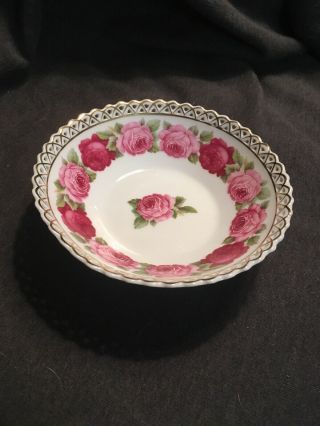 Vintage Porcelain Footed Bowl - Hand Painted Roses,  Lace And Gold Trim -