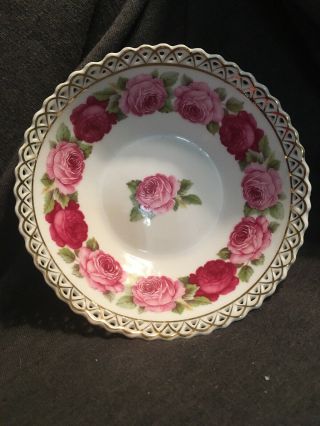 Vintage Porcelain Footed Bowl - Hand Painted Roses,  Lace and Gold Trim - 3