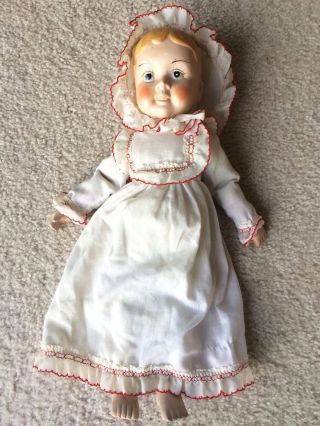 Vintage/antique 16 " Porcelain Baby Doll W/dress & Bonnet