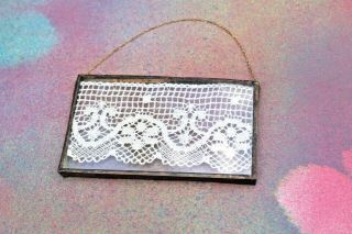 Vintage Lace Under Glass Copper Frame With Chain Hanger,  3” X 1.  5”