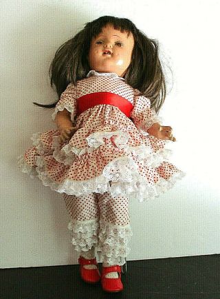 Antique.  17 1/2 " Composition Doll.  Sleep Eyes.  Jointed.  Teeth Showing.  Dimples.