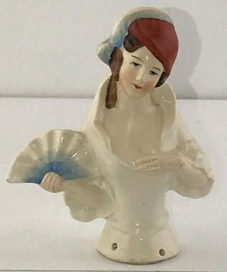 Antique Germany Porcelain 3 1/2 " Pincushion Half Doll Lady In Feather Hat & Fan