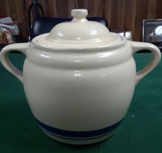 Gourmet Ceramic Bean Pot With Lid Oven Safe - 3 Qt - White Blue Stripe