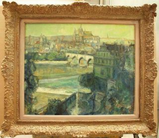Large C1920 French Impressionist View Of Walled City Signed Antique Oil Painting