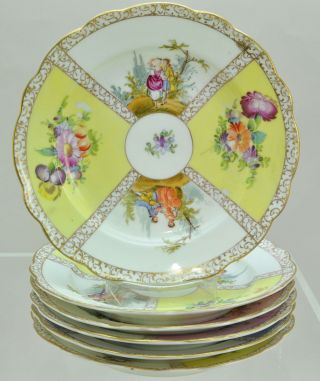 Set Of 6 Antique Dresden Hp Porcelain Courting Couples Plates Circa 1890