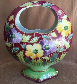 Antique Nippon Hand Painted Poppies? Pattern Vivid Moon Handle Basket Vase