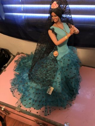 Vintage Marin Spanish Chiclana Flamenco Dancer Doll 19 " Large Blue Black Polkadot