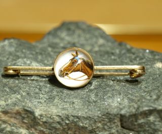 Antique 14k Gold Essex Crystal Equestrian Horse Head Reverse Painted Pin Brooch