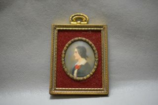 Antique French Miniature Portrait Lady Gilt Bronze Oval Frame Rectangle