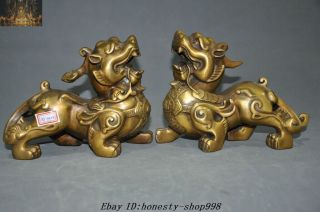 Old Chinese Feng Shui Bronze Pixiu Unicorn Brave Troops Wealth Beast Statue Pair