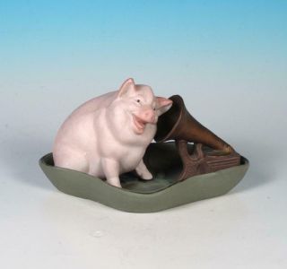 Schafer Vater Antique German Pink Pig Bisque Porcelain Fairing Edison Phonograph