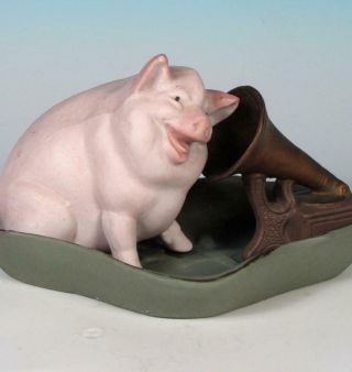 Schafer Vater Antique German Pink Pig Bisque Porcelain Fairing Edison Phonograph 2