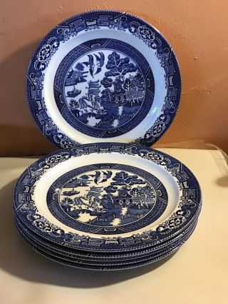 Set 6 Dinner Plates,  Antique English Blue Willow,  Wood’s Ware