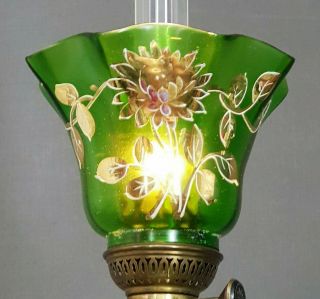 Victorian Green Glass And Gold Painted Kerosene Oil Miniature Peg Lamp Shade