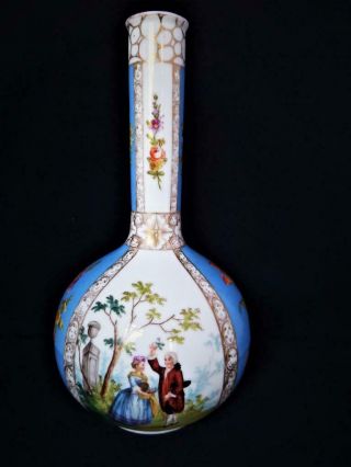 Antique Dresden Helena Wolfsohn Large Hand Painted Watteau Bottle Vase 1880 
