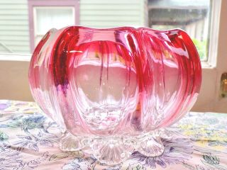 Antique Bohemian Art Glass Rubina Squat Rose Bowl Petal Feet - 3 Days